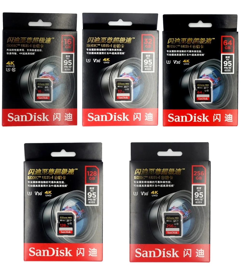 Двойной Флеш-накопитель SanDisk 32GB Extreme PRO SD card 64 ГБ, карта памяти, 128 ГБ Sdcard 256 ГБ, класс скорости 10 UHS-I высокое Скорость 95 МБ/с. V30 DSLR sd 32