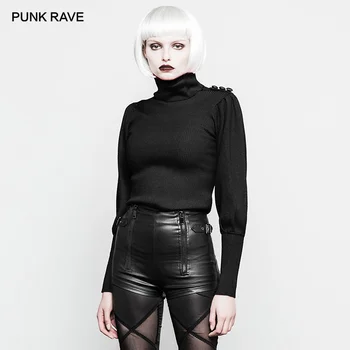 

PUNK RAVE Women's Gothic Super Soft Lantern Sleeve Sweater Fashion Covered Button Shoulder High Collar Court Knit Tops Women
