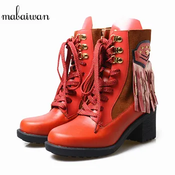 

Mabaiwan Fashion Women Red Genuine Leather Ankle Boots Winter Autumn High Heel Militares Shoes Woman Zipper Tassel Short Boots