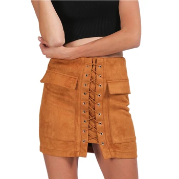 

2016 Autumn Winter New Elegant Sexy 90's Vintage Bodycon Suede Leather Pocket Lace Up High Waisted Women Mini Short Pencil Skirt