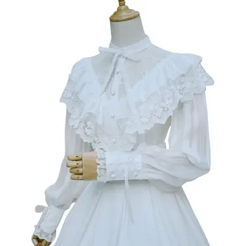 

Royal Vintage Illusion Neck Women's Chiffon Blouse Gothic Sheer Long Lantern Sleeve Blouse with Ruffles