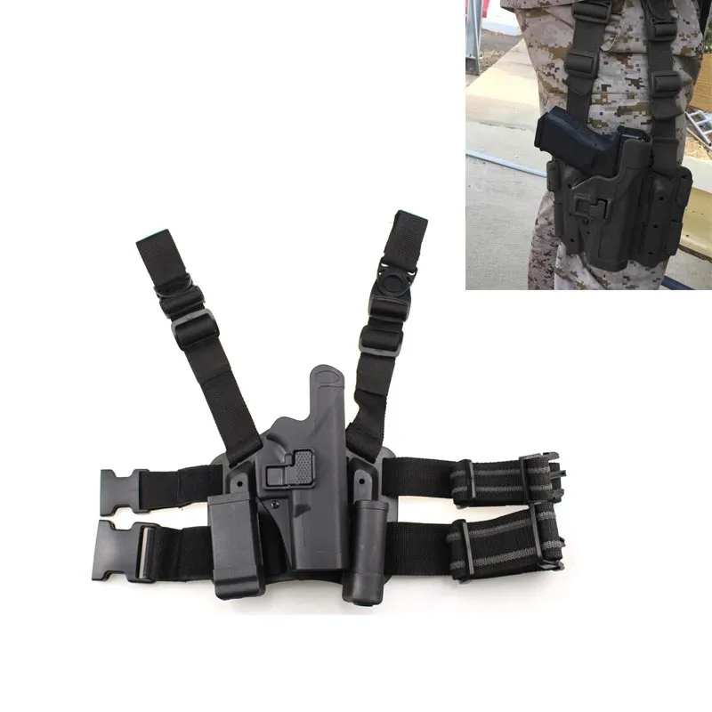 

Tactical Glock Leg Holster Level 2 Right Hand Paddle Thigh Belt Drop Pistol Gun Holster w Magazine Torch Pouch f Glock 17 19 22