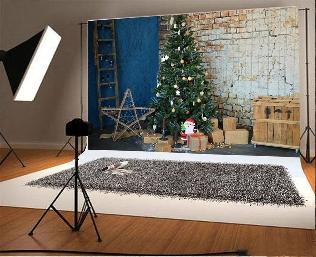 

Photography Backdrop Christmas Tree Gifts Weathered Brick Wall Christmas Photo Background Party