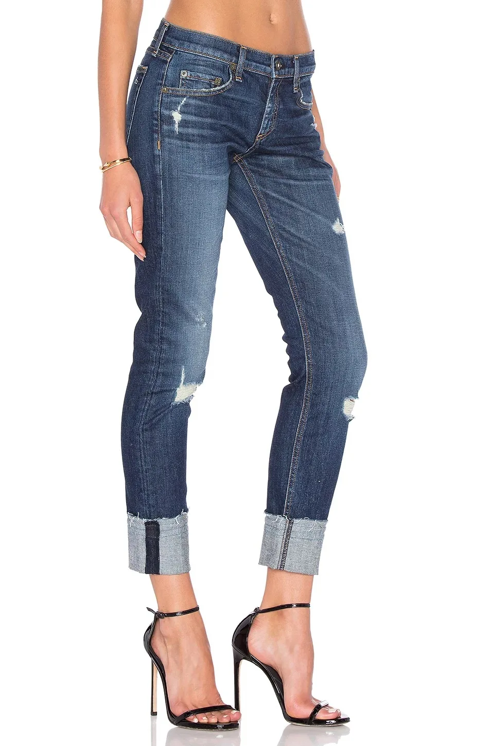 

Women Cuffs Frayed Holes Ankle Length Jeans Straight Denim Pants In Mid Wash