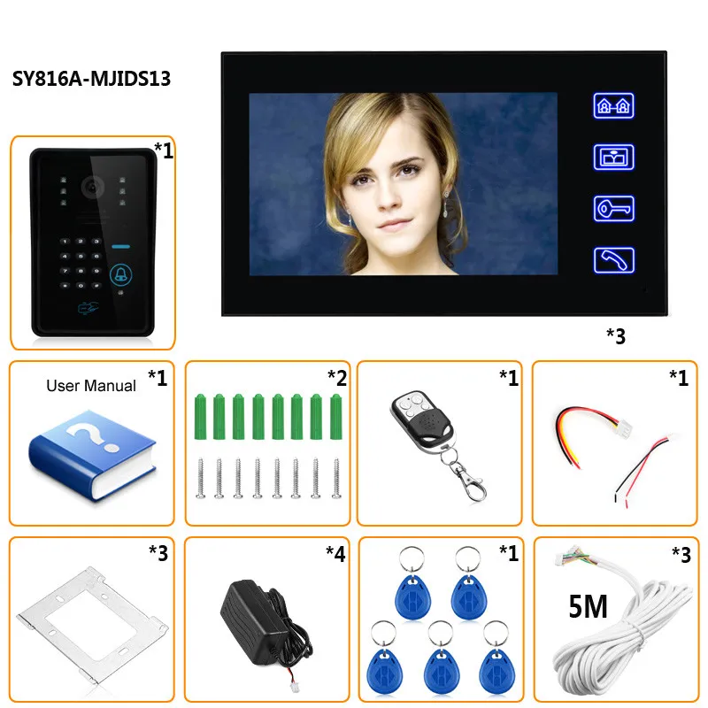 Сенсорный ключ 7 "Цвет RFID видео домофон Дверные звонки Видеодомофоны Системы 5 ID Card Видеодомофоны 3 Мониторы охранных