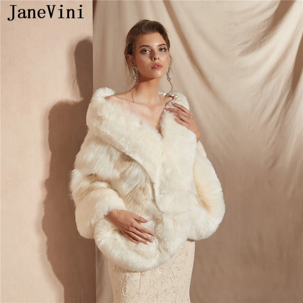 

JaneVini Elegant Long Winter Wedding Cape Faux Fur Bridal Shawls and Wraps Warm Bolero Women Evening Jackets Wedding Accessories