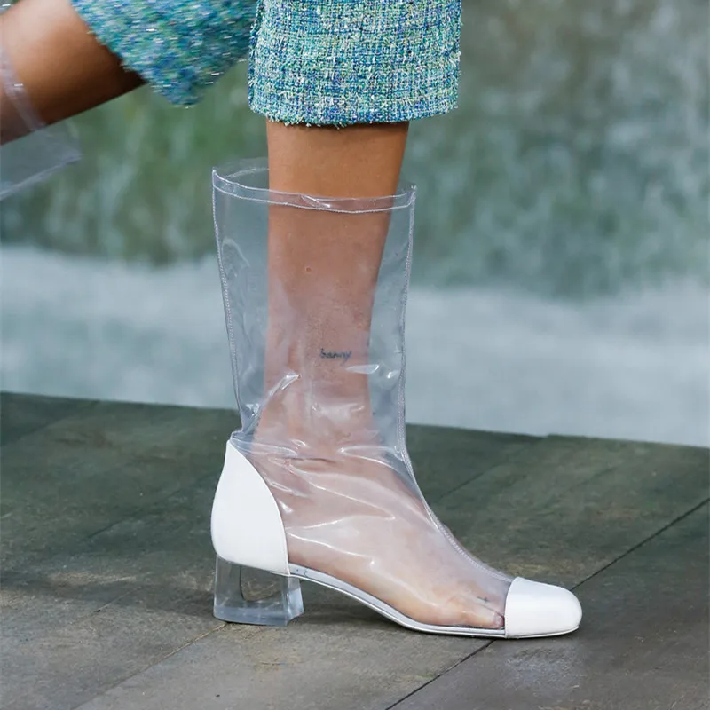 Spring 2018 Trend Plastic Bag Boots Chunky Heel Knee High Gladiator