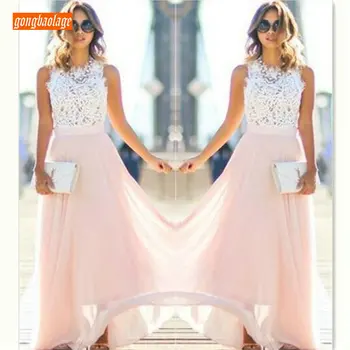 

Formal Women Pink Long Evening Dresses 2019 New Sexy Party Gowns Scoop Lace Chiffon Zipper A-Line Floor Length Cheap Beach Dress