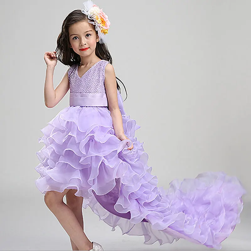 Новинка года; праздничное платье с цветочным узором для девочек платье со шлейфом для девочек бальное платье с бантом; платье принцессы на свадьбу для девочек; LS003TW - Цвет: purple