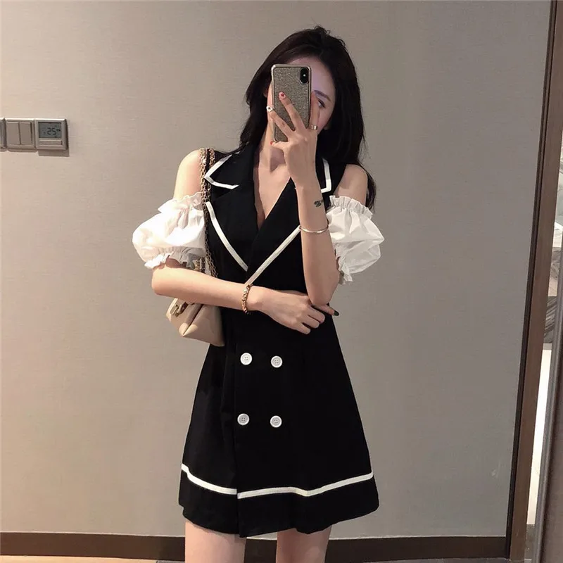 

2019 Spring and Summer Elegant Women Dress Temperament Slim Suit Collar Double-row Button Sleeve Dress Woman