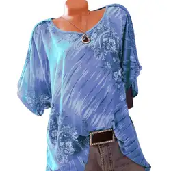 Винтаж с цветочным принтом короткий рукав шею тонкий футболка Для женщин летний топ roupas feminina