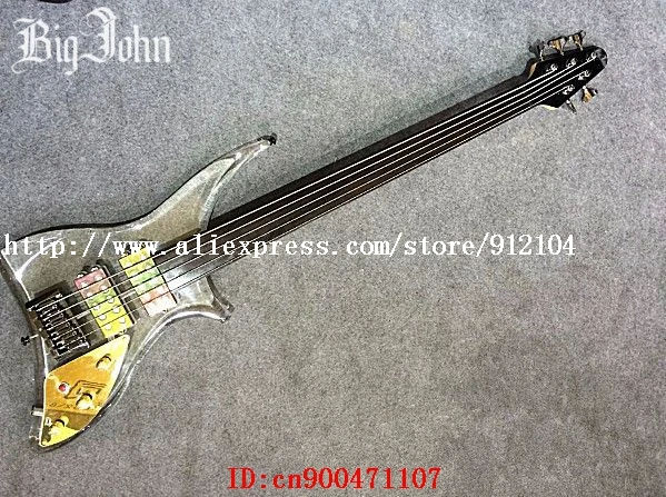 Gratis verzending nieuwe Grote John fretless 5-strings elektrische basgitaar met LED licht organische glas body + foam doos JT-52