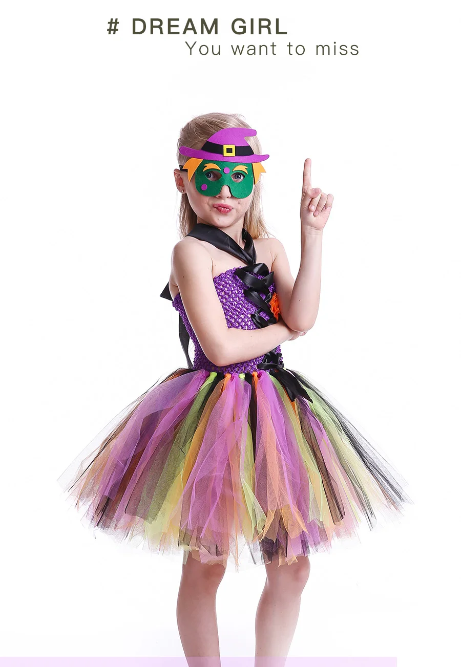 Girls Witch Tutu Dress with Mask Rainbow Style Kids Halloween Costumes Tulle Flower Baby Girl Fancy Carnival Party Tutu Dresses (6)