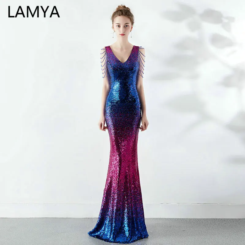 

LAMYA Sequined Trumpet Evening Party Dresses Crystal Beading Elastic Satin Prom Dress Zipper Backless Formal Gown In Stock