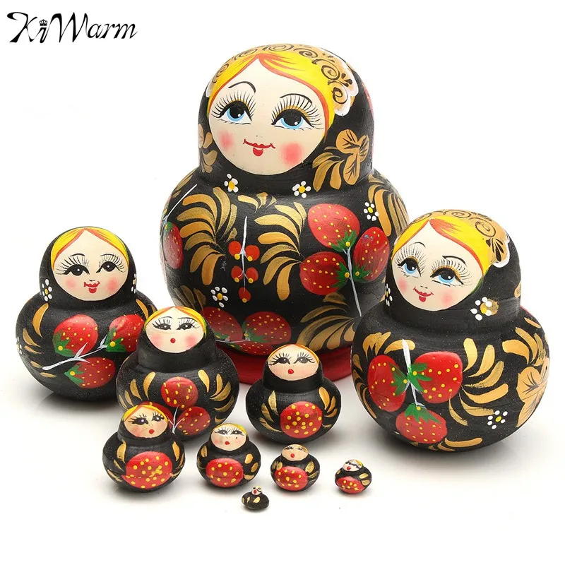 

KiWarm 10pcs/Set Lovely Strawberry Wooden Russian Dolls Hand Paint Ethnic Nesting Dolls Toy Ornaments Figurines Home Decor Gift