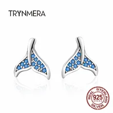 Trynmera Горячая стерлингового серебра 925 Синий Циркон рыбий хвост Русалка маленькие серьги-гвоздики для женщин серебряные ювелирные изделия TE079