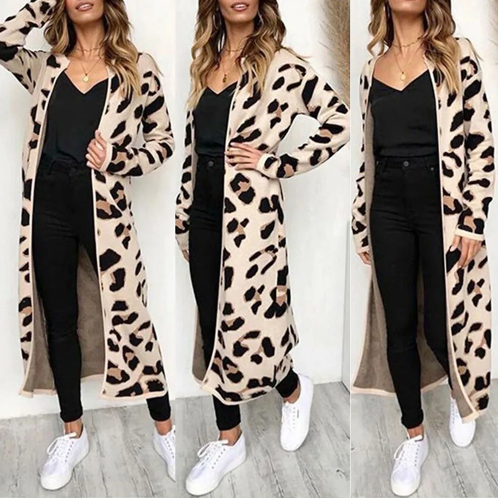 

Women leopard knitted long cardigan long sleeve sweater overcoat for female women 2018 autumn new outwear coats women autumn