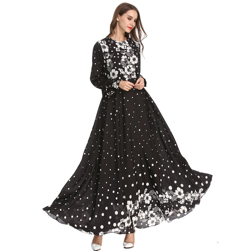 MISSJOY, мусульманское платье абайя, кафтан, длинный рукав, узор в горошек, цветочный принт, модное арабское платье макси, черное, vestidos, Бангладеш