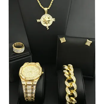 

Luxury Men Gold Color Watch Hip Hop Watch & Necklace & Bracelet & Earrings & Ring Combo Set Ice Out Cuban compass Stainless