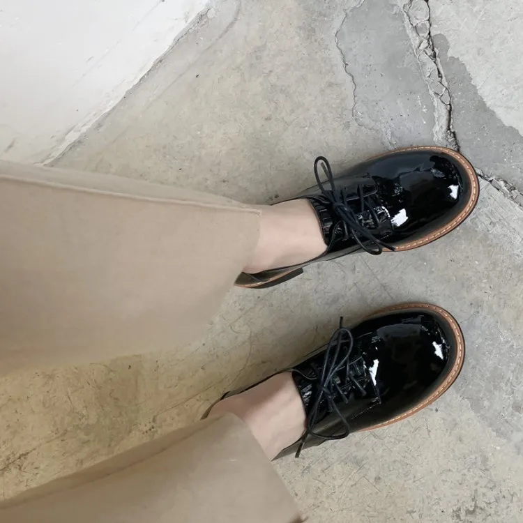 Stil Oxfords Retro Oxford Britischen Frühling 2019 Up Schuhe Schwarzes Spitze Frauen Brogue Leder Weichen Wohnungen Casual dSFF4q8xw