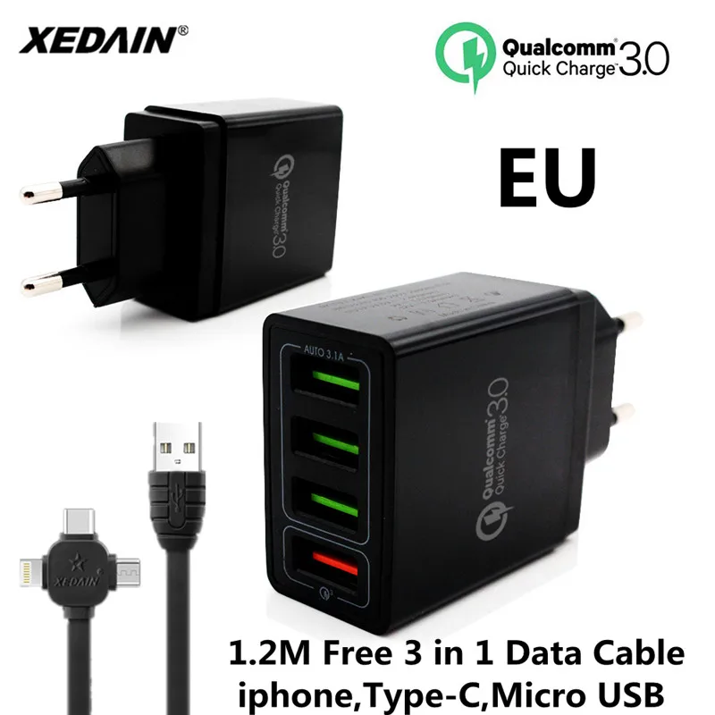 XEDAIN شاحن يو اس بي سريعة تهمة الاتحاد الأوروبي/لنا 3.0 4-منافذ جدار الهاتف المحمول شاحن ل LG Xiaomi iphone سامسونج نيكزس أبل الهواتف الذكية