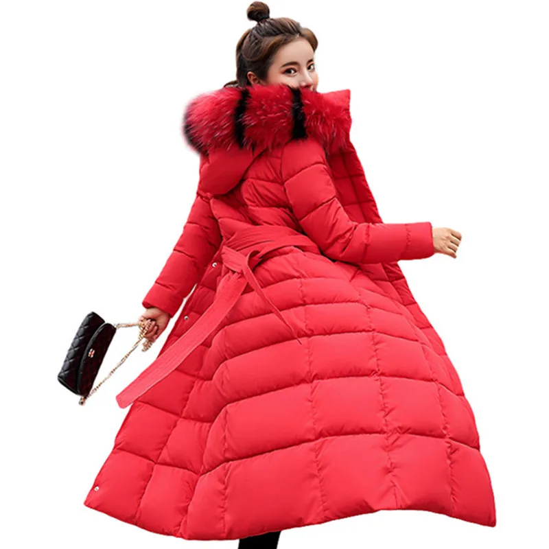 Fashion Winter Jacket Women Big Fur Belt Hooded Thick Down