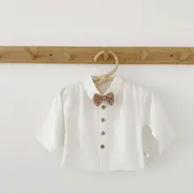 Новая рубашка с бантом для маленьких мальчиков хлопковый осенний модный топ с длинными рукавами для детей 0-2 лет PV879