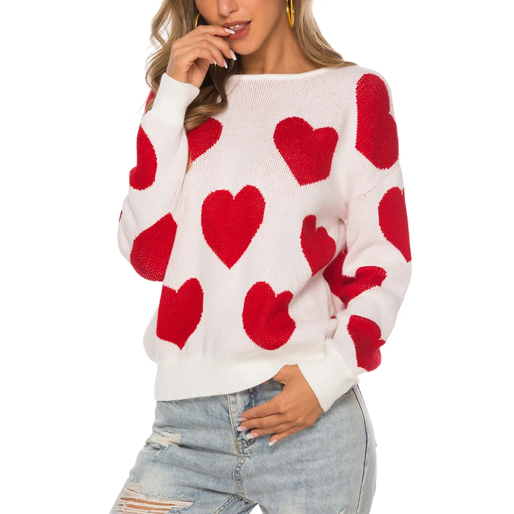 2019 Female Casual Knitted Sweater Red Heart Pattern Long Sleeve Women ...