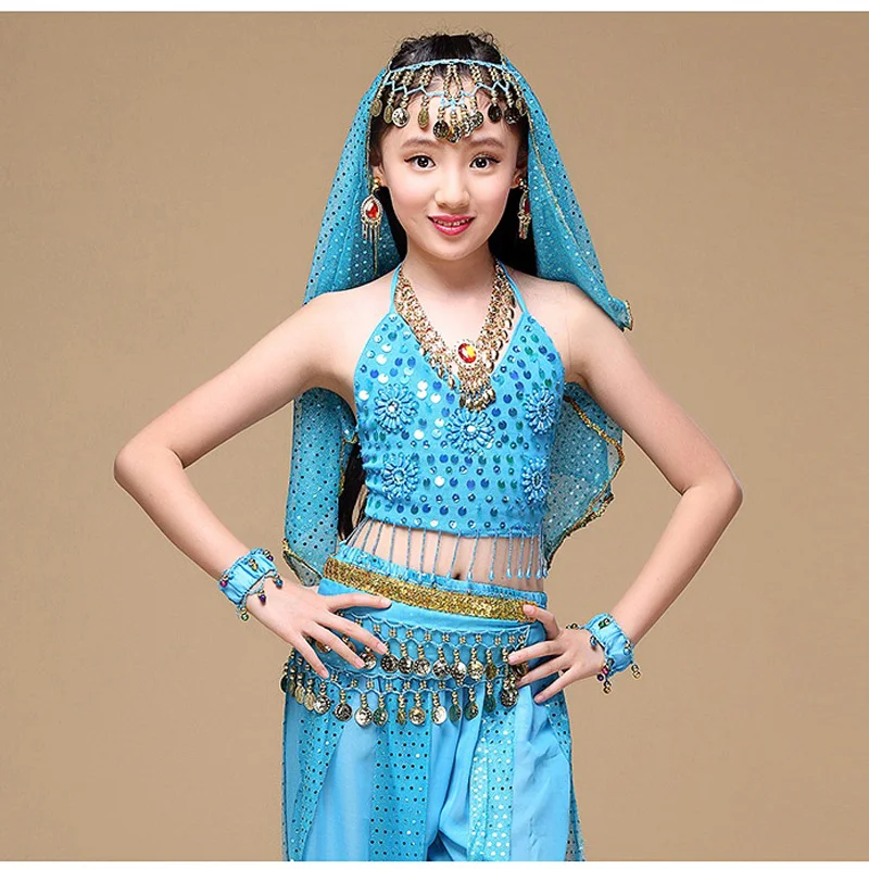 2017 Indian Sari Children Indian Dance 5-piece Costume Set (Top, Belt, Skirt and Head Pieces) Kids Bollywood Dance 4 colors  (3)