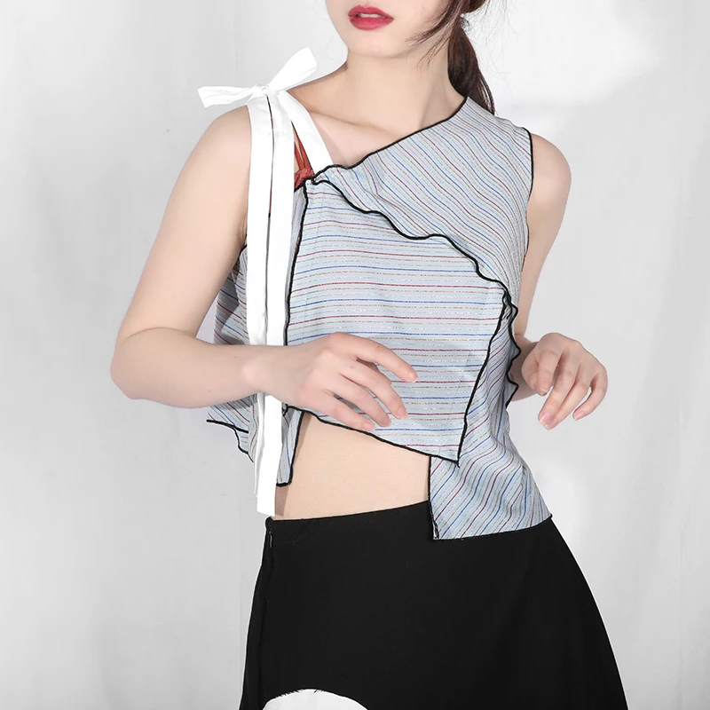 

[EAM] 2019 New Spring Summer Irregular Collar Sleeveless Striped Split Joint Personality Short Tank Tops Women Fashion Tide JU52