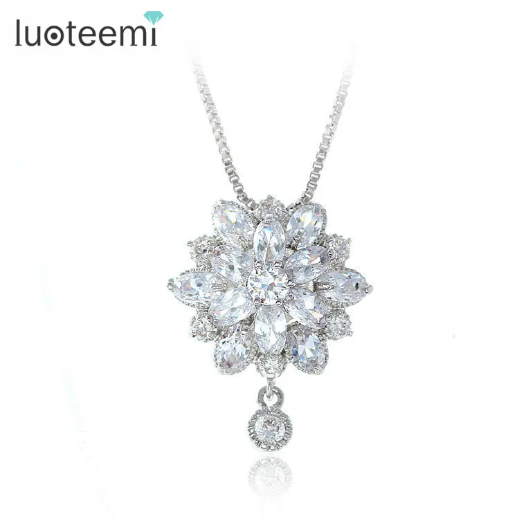 LUOTEEMI High Quality Marquise Cut Cubic Zirconia Princess Flower Pendant Necklace for Women Fashion Sexy Neck