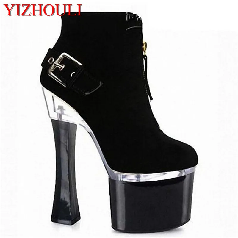 

7 inch high heels platforms dinner party Banquet black gladiator ankle boots 18cm spool heel shoes for women Exotic Dancer shoes