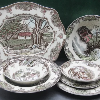 

The Friendly Village Dinner Set Elegant England Style Dinner Ware Ceramic Breakfast Plate Beef Dishes Dessert Dish Soup Bowl