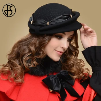

FS Female Winter Black Wool Beret Hat For Women French Felt Hats Cap With Bowknot With Mesh Church Fedora Chapeau Femme Hiver