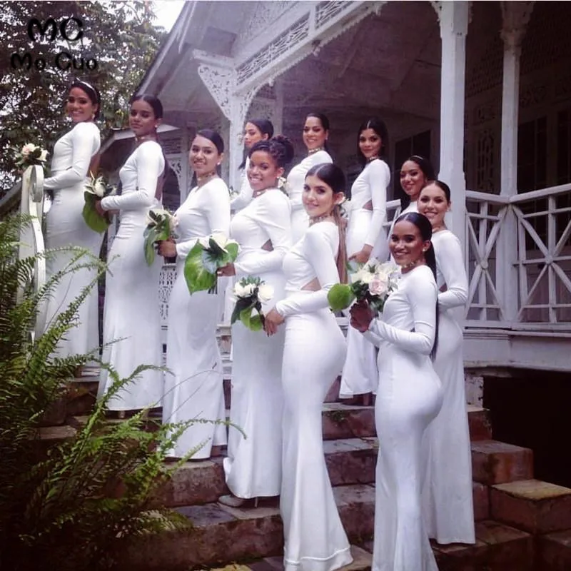 White Jersey Long Sleeves Mermaid Backless Bridesmaid Dresses