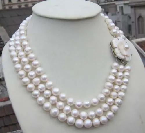 

Free Shipping >>>>> beautiful Three 9-10mm rows South Sea natural white pearl necklace 18-20 inch