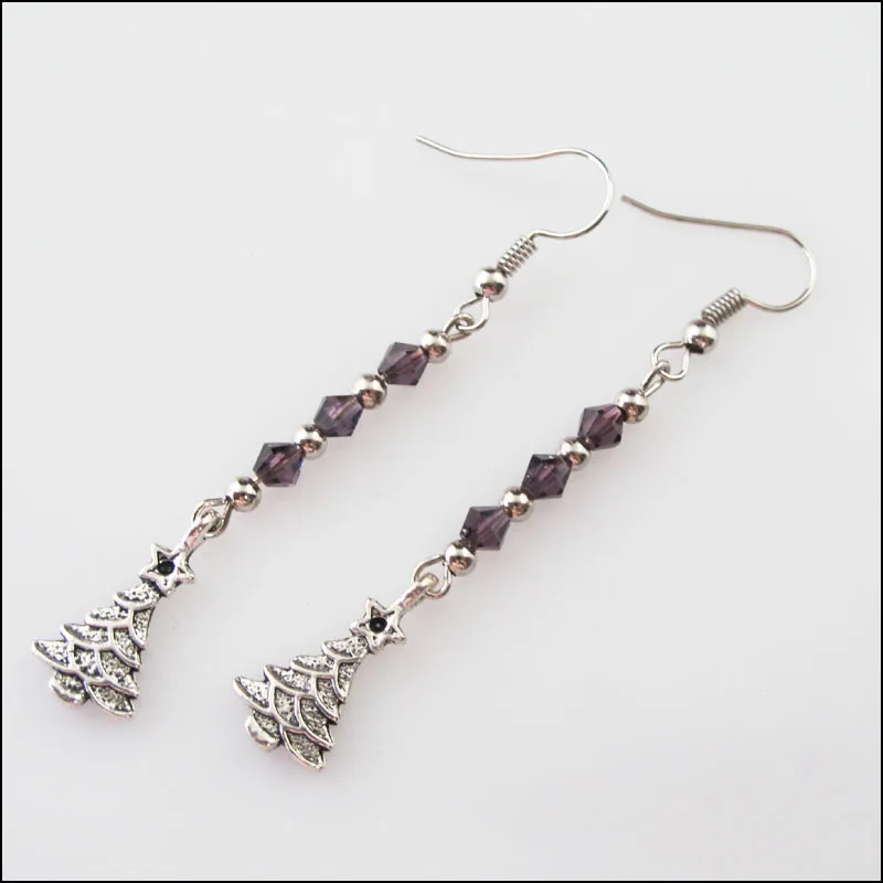 

New Winsome Silver Retro Christmas Tree Purple Crystal Dangle Hook Earrings Women Jewelry
