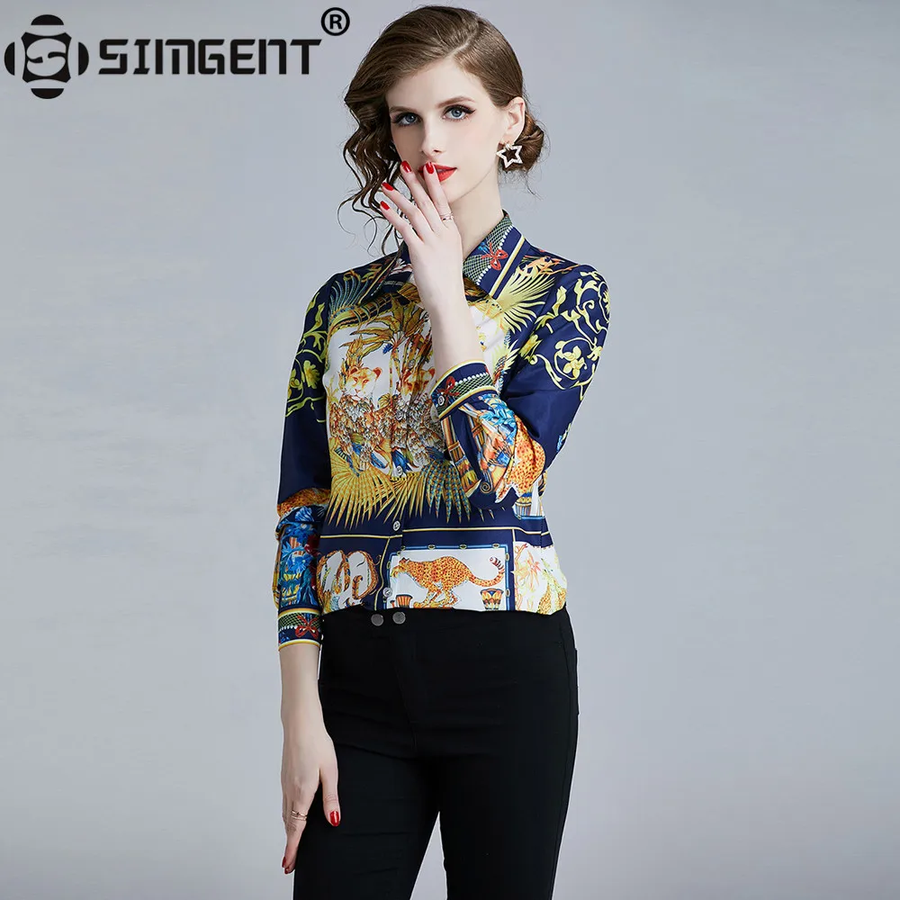 

Simgent Long Sleeve Blouse Womens Fashion Elegant Casual Office Printing Turn Down Collar Spring Shirts Top Woman Blusas SG93282