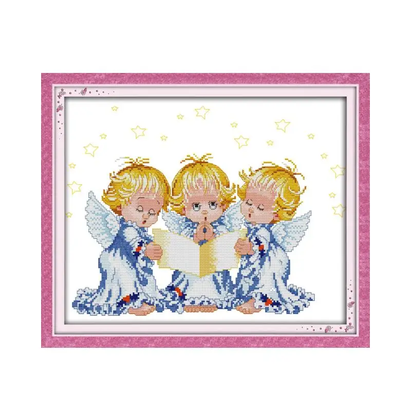 

11CT 14CT cross stitch white cloth map three cute little angel small student embroidered hand embroidered decorative painting