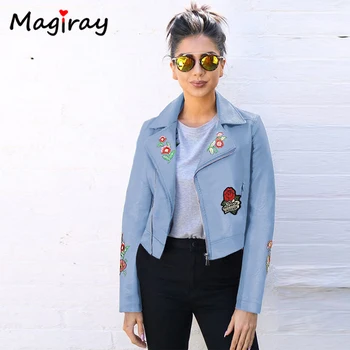 

Magiray Flower Embroidery PU Leather Jacket Women Biker Cropped Streetwear Slim Coat 2019 Spring Autumn Black Khaki Blue C40