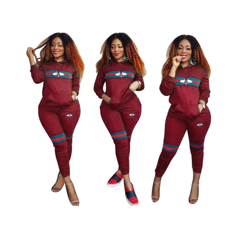 

2019 Spring Hot Women's Five-color Optional Print Set Bee Pattern Long-sleeved Sweater Trousers Women 2 Piece Sets