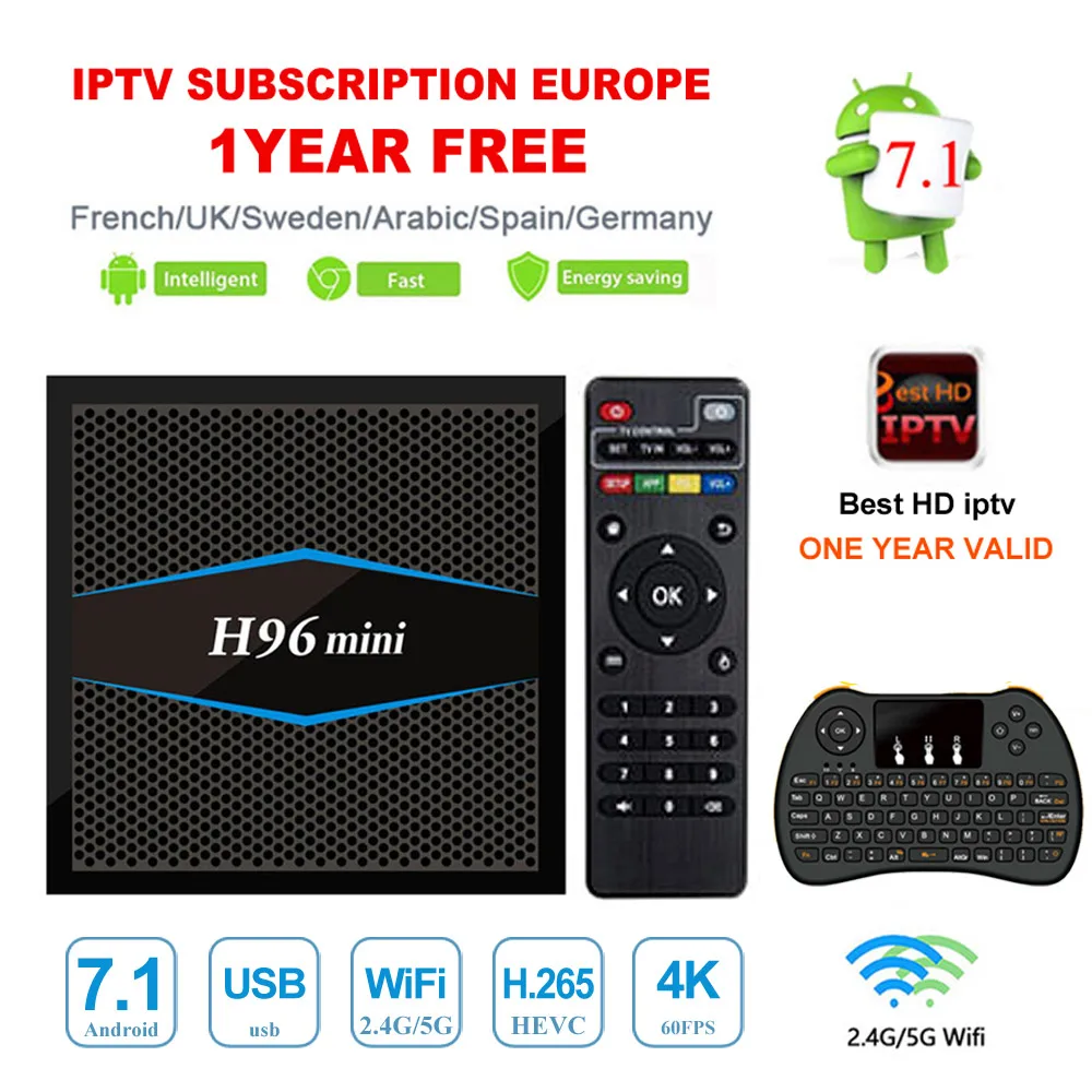 

H96 mini Android 7.1 Smart IP TV Box 2GB/16GB 4K S905W Quad Core 2.4/5GHz WiFi Bluetooth 4.0 H.265 4K IPTV Europe