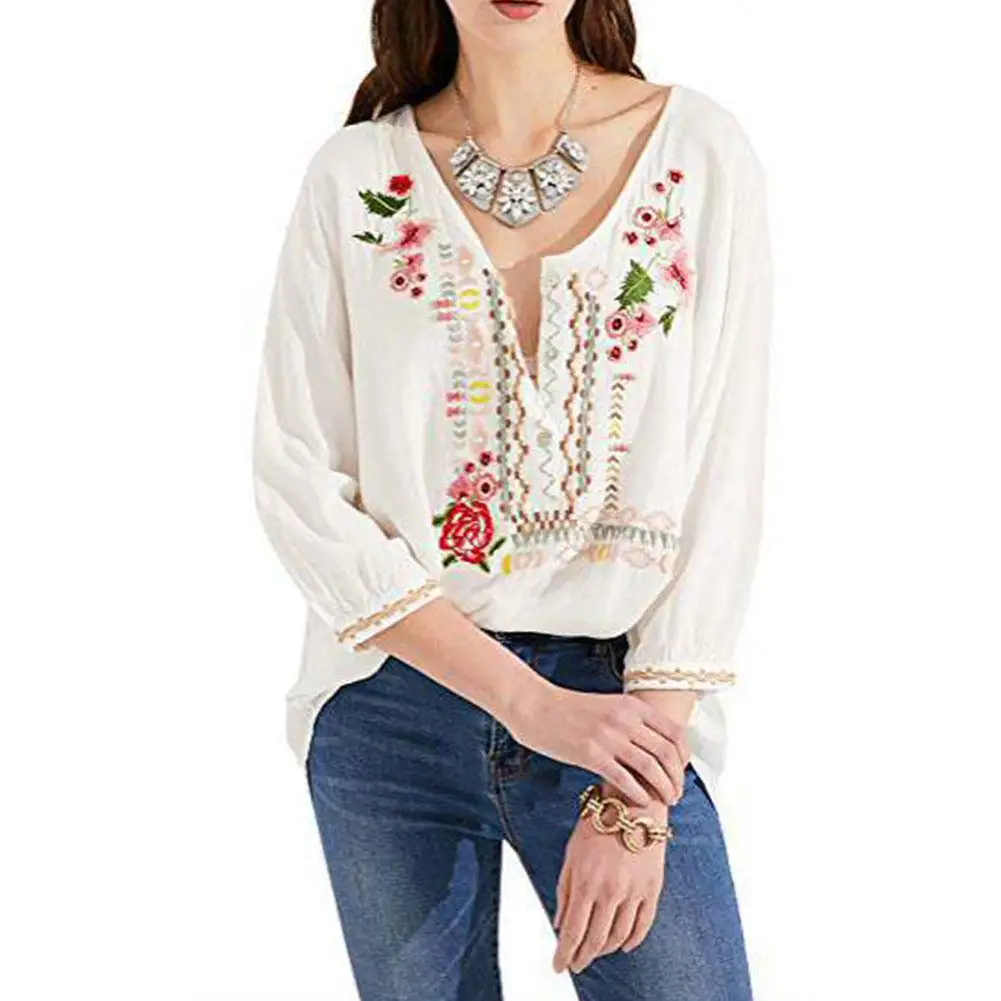 

Yfashion Women Fashion All Matching Embroidered Flower Shirt V-neck Loose Long Sleeve Tops