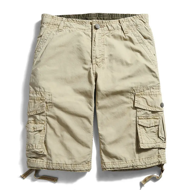 light khaki Летние повседневные мужские шорты Карго из хлопка с несколькими карманами, мужские рабочие шорты по колено бермуды в стиле милитари, пляжные мужские шорты - Цвет: light khaki