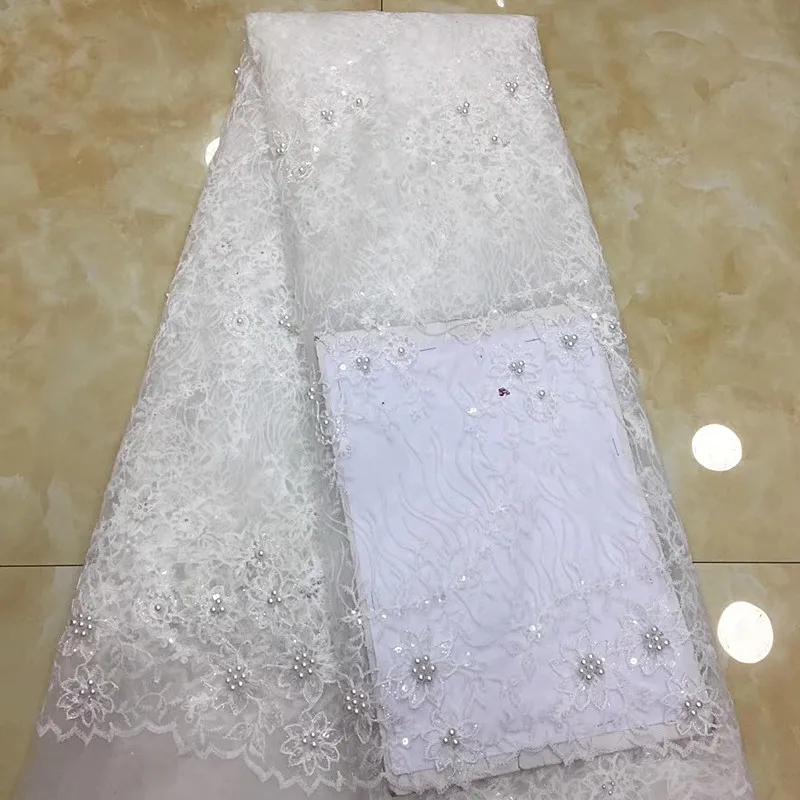 

White colour french lace with beads 5yards african net tulle lace fabric elegant style beaded french lace for wedding XZXJUL11