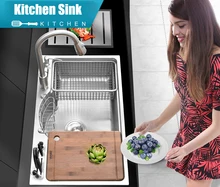 Cheap Multifunctional Thicken Brushed SUS304 Stainless Steel Kitchen Sink Set with Drainer Pull Out Faucet Block (Knives Not Included)