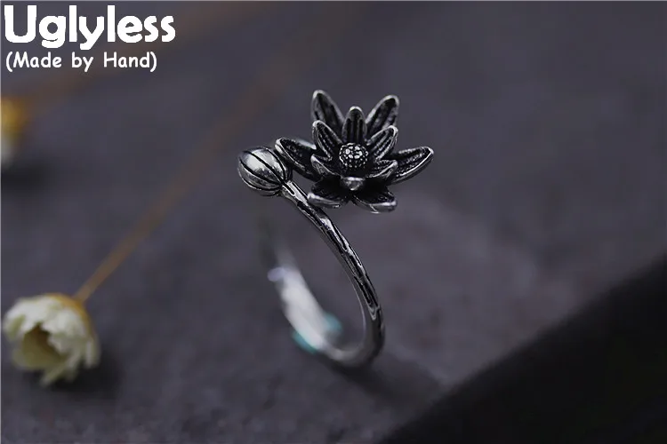 Uglyless реального S925 Винтаж тайский серебристый, черный лотоса перстни для Для женщин Этническая ручной цветочный Открытое кольцо Простые