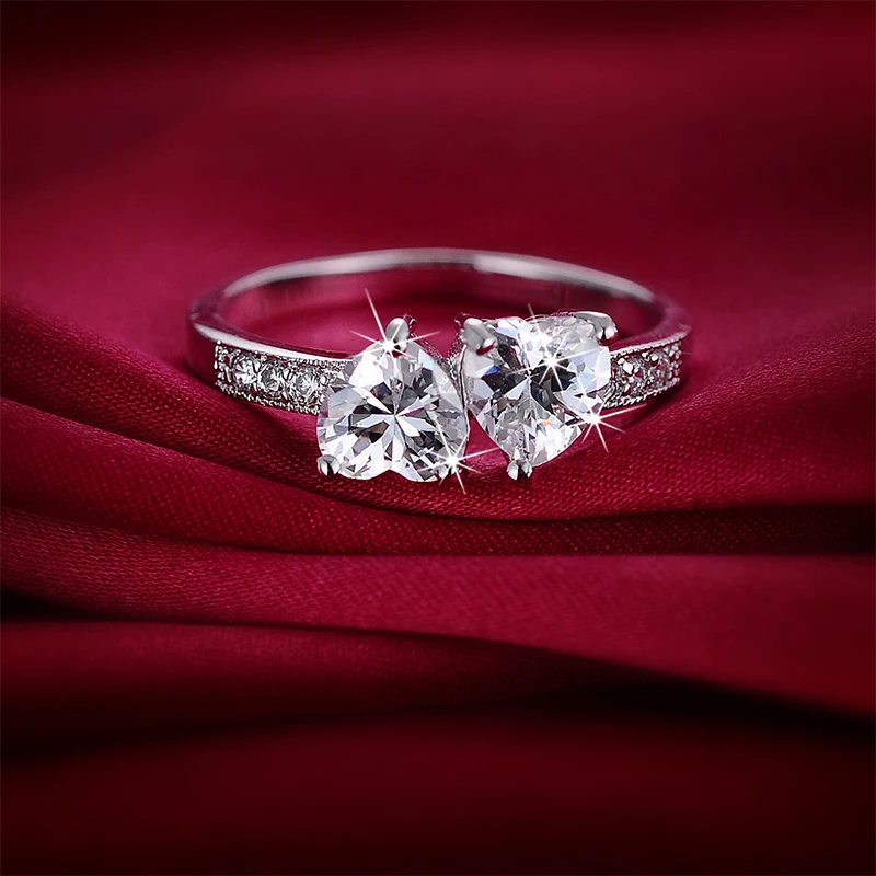 

Luxury 925 Sterling Silver Jewelry Two White Cystal Love Heart Romantic Finger Ring for Women Wedding Jewelry Gift Bague Femme