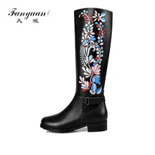 Fanyuan/ ручной работы китайская обувь с вышивкой Женские сапоги до колена средней высоты обувь на квадратном каблуке натуральная кожа сапоги в этническом стиле; большой размер 43