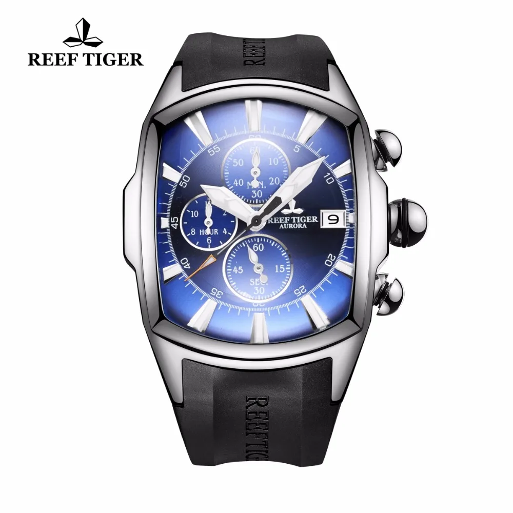 Reef Tiger/RT Big Sport Watches with Date Chronograph Waterproof Watches Stainless Steel Blue